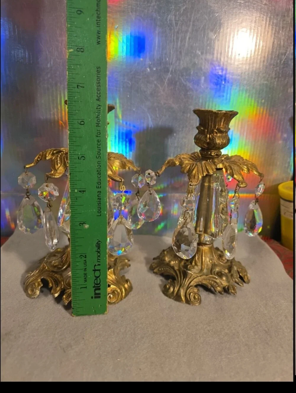 081426 2 Vintage Heavy Brass Candlestick Holders with Hanging Crystals H11 In#bo